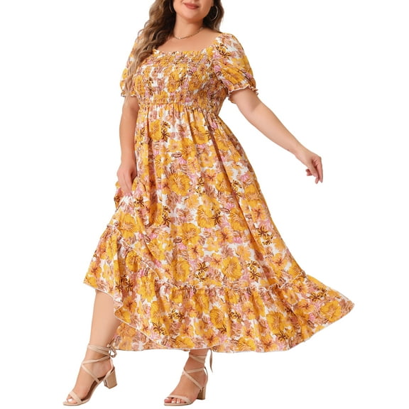 DARING DIVA Plus Size Short Sleeve Square Neck Maxi Floral Dress 3X Dark Yellow