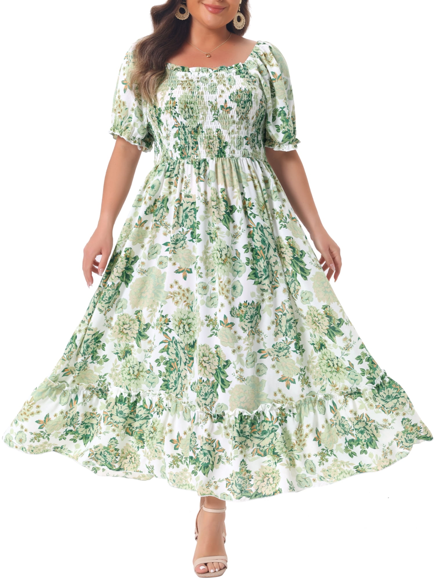 DARING DIVA Women's Plus Size Short Sleeve Square Neck Maxi Floral Dress 3X Green