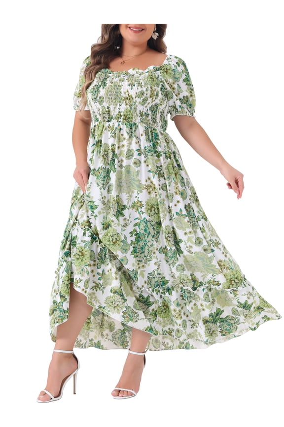 Plus Size Short Sleeve Square Neck Maxi Floral Dress 4X Green