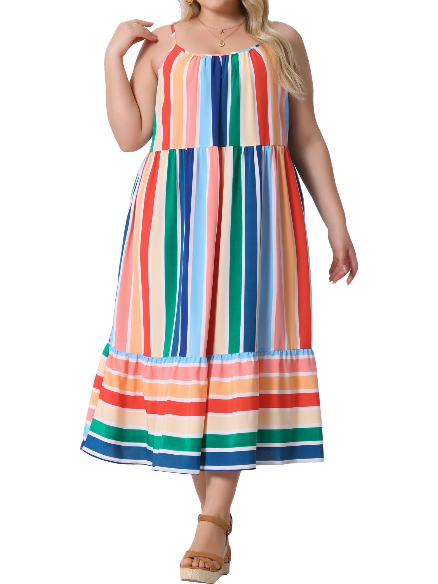 DARING DIVA Plus Size Sleeveless Bohemian Straps Cami Dress 2X Green Pink
