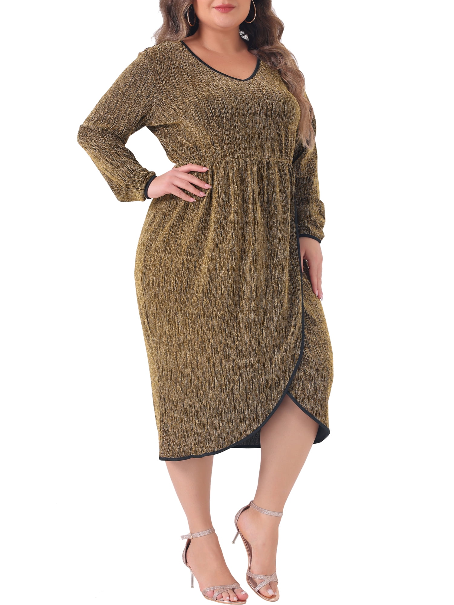 DARING DIVA Plus Size Sparkly Glitter V Neck High Slit Sequin Dress 1X Gold