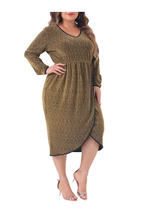 Plus Size Sparkly Glitter V Neck High Slit Sequin Dress 2X Gold