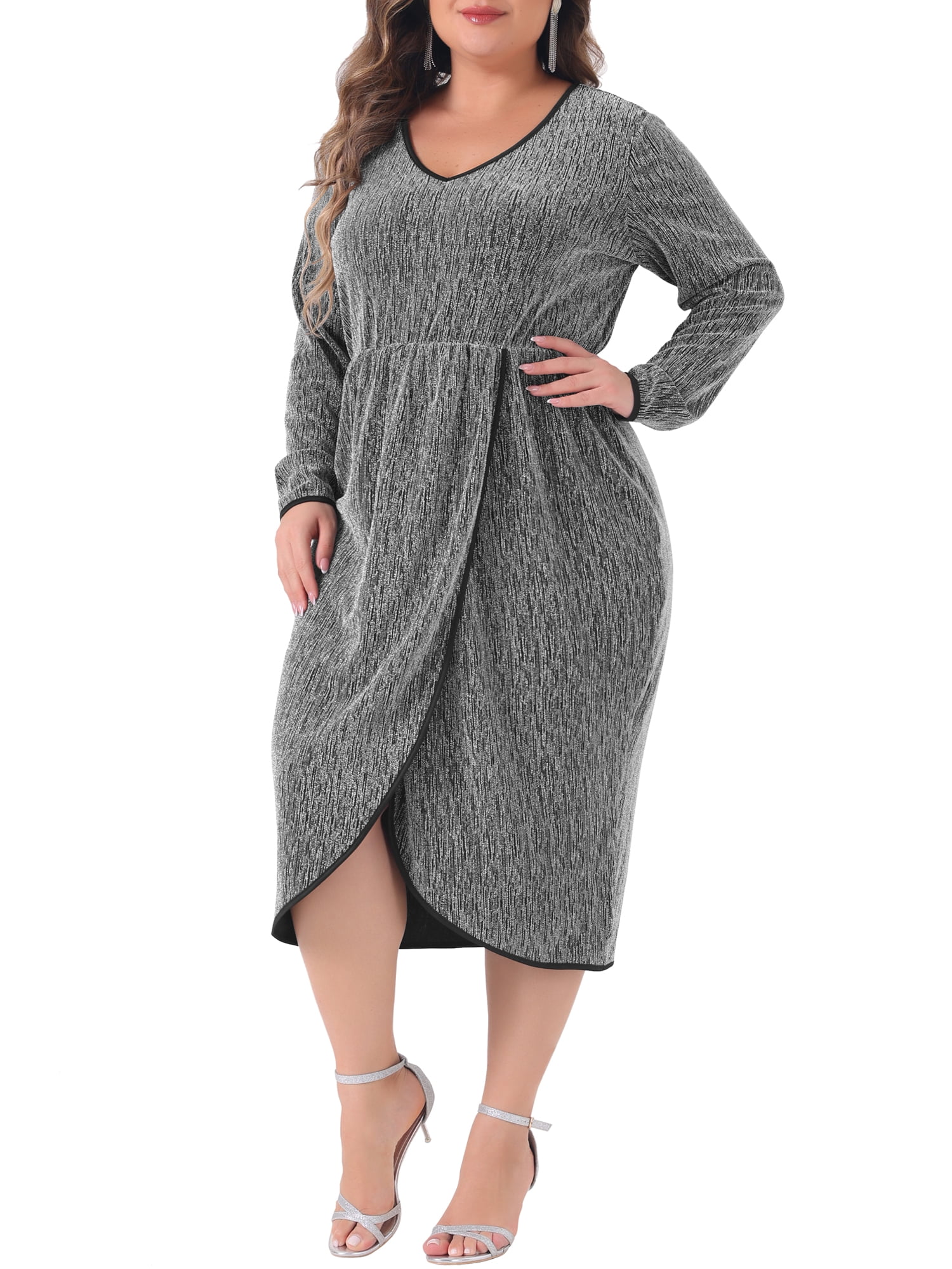 DARING DIVA Plus Size Sparkly Glitter V Neck High Slit Sequin Dress 2X Silver
