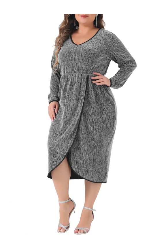 Plus Size Sparkly Glitter V Neck High Slit Sequin Dress 3X Silver