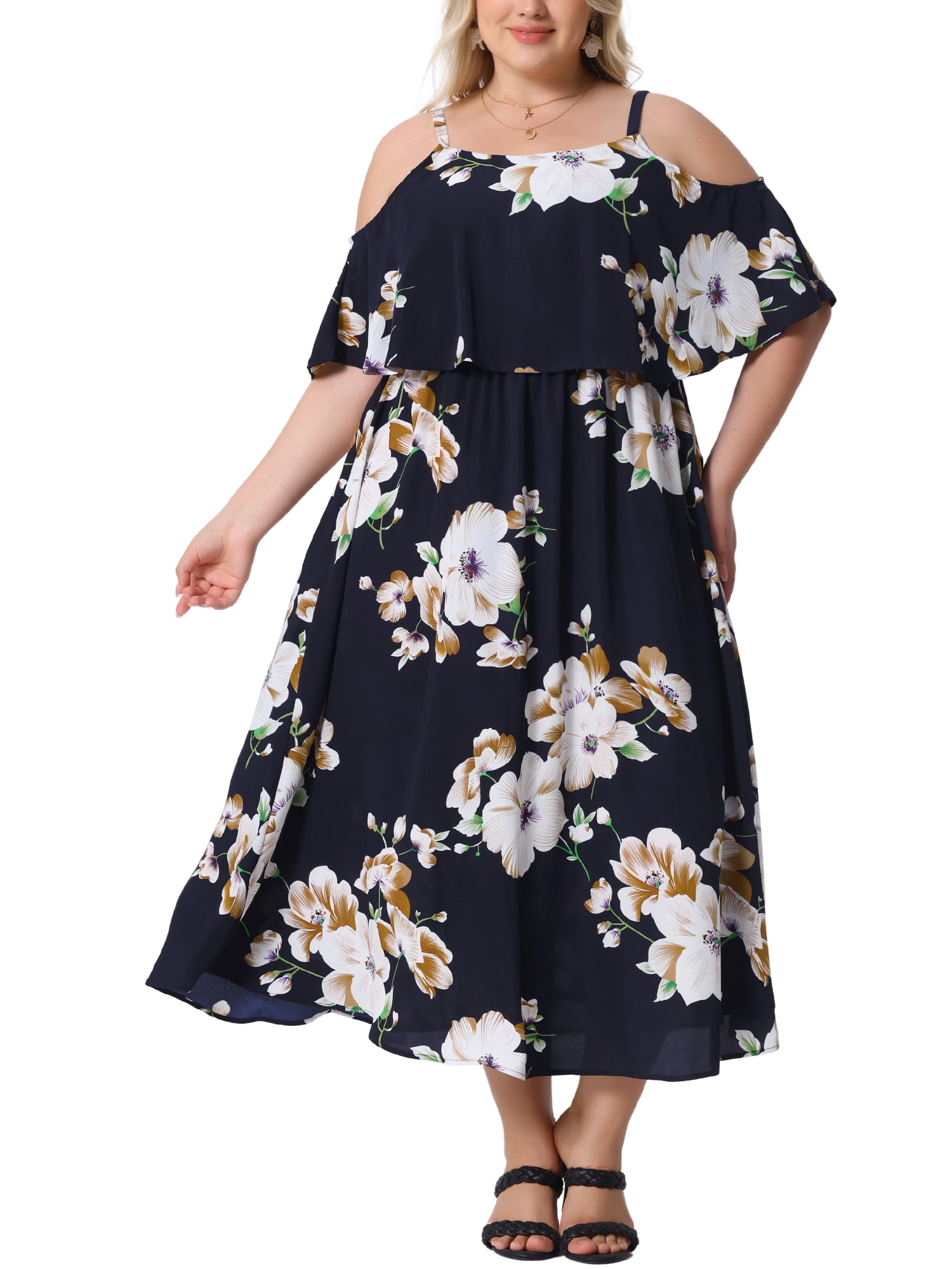 DARING DIVA Plus Size Square Neck Adjustable Strap Dress 1X Navy Blue