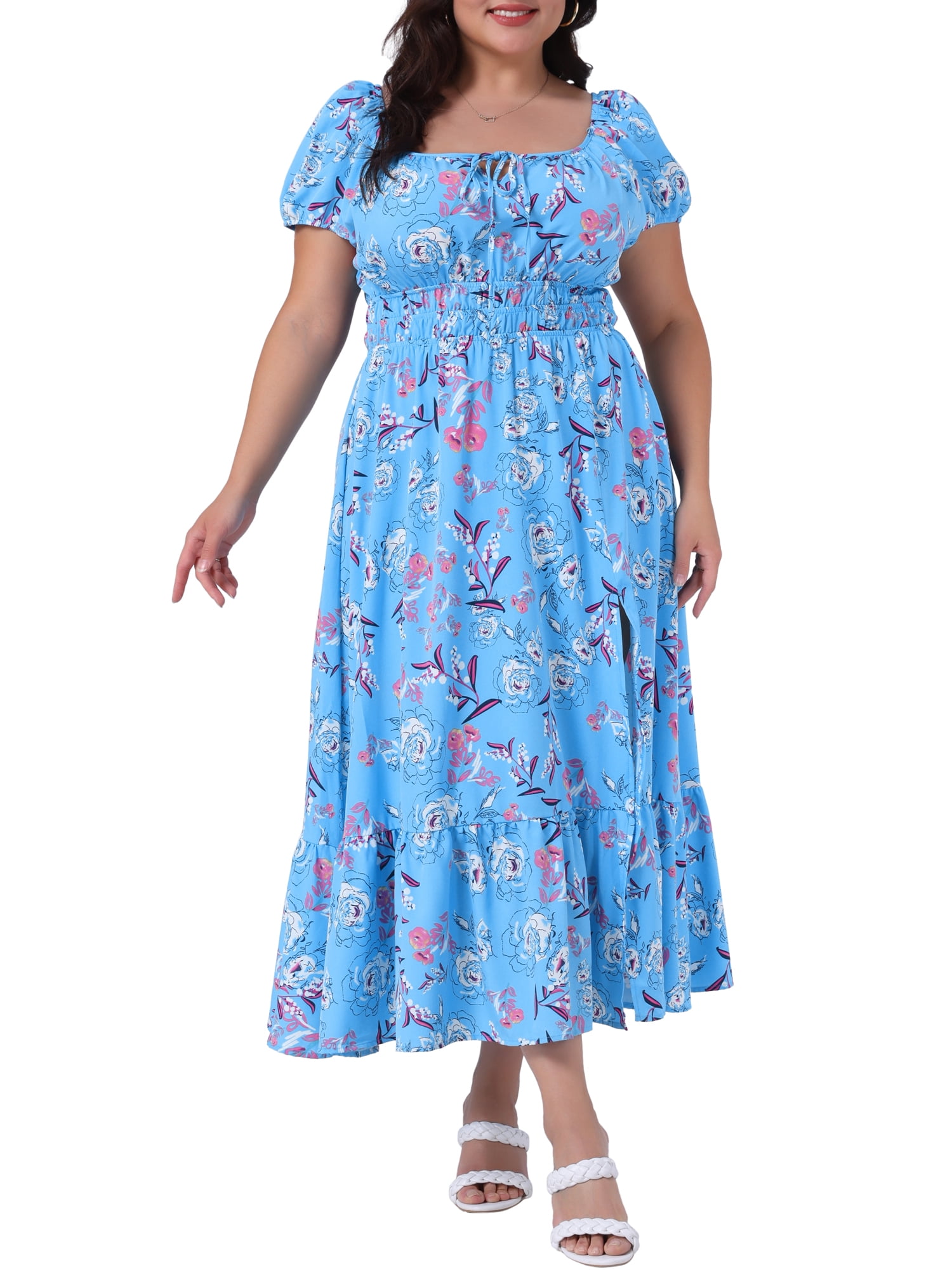 DARING DIVA Plus Size Square Neck Floral Print Short Sleeves Dress 1X Blue
