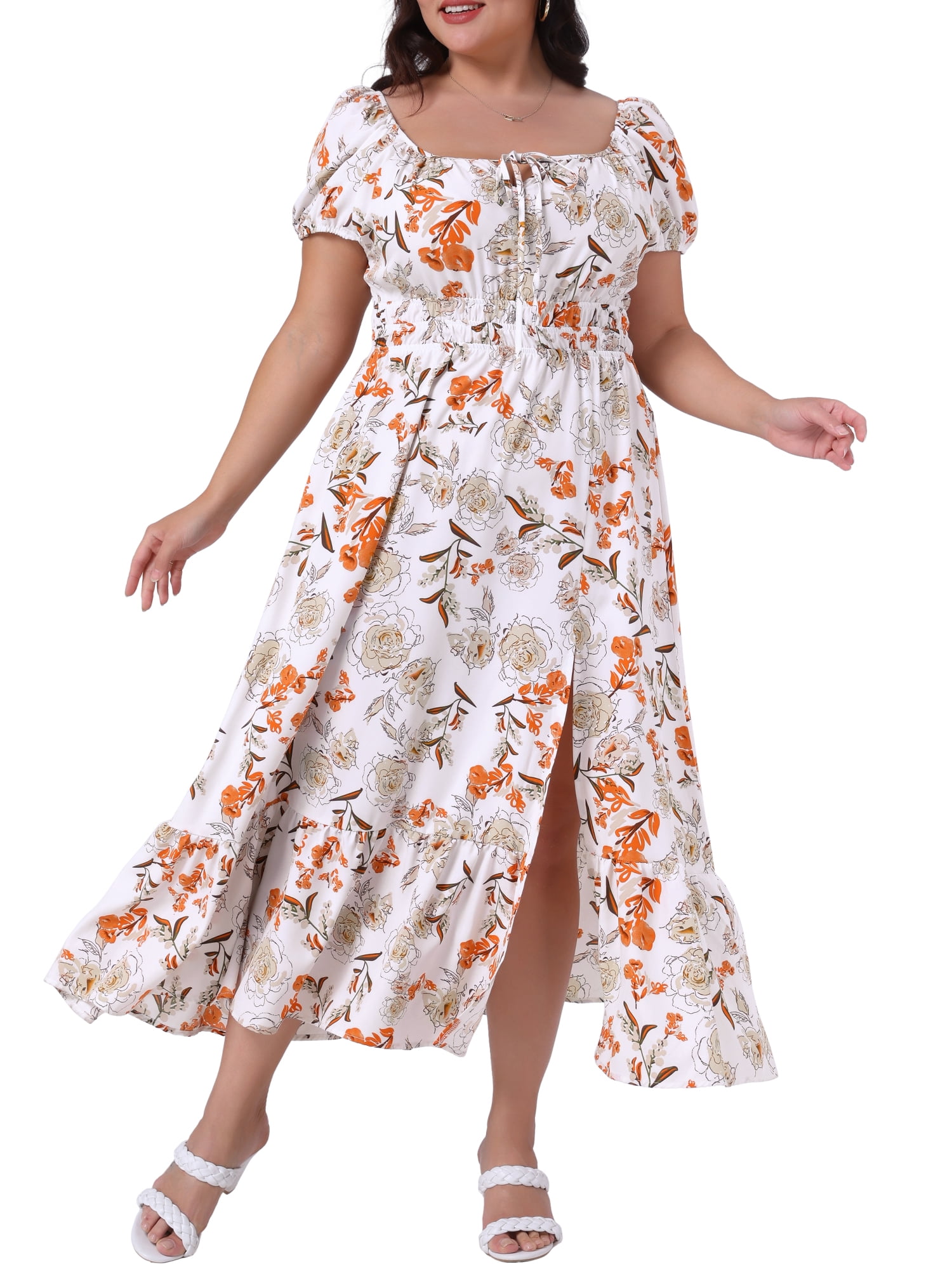 DARING DIVA Plus Size Square Neck Floral Print Short Sleeves Dress 1X White