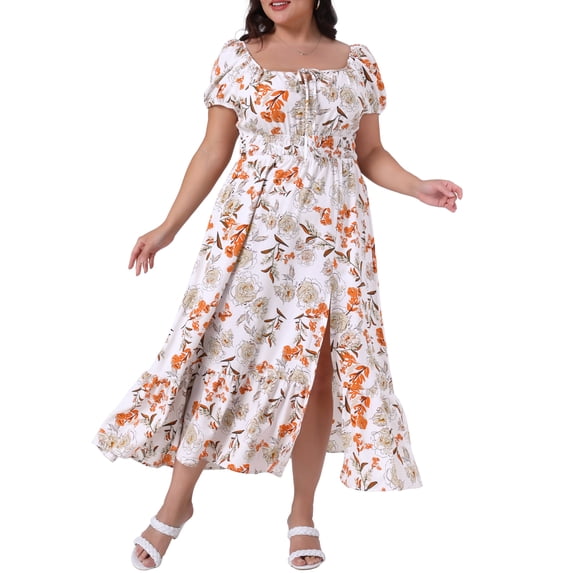 DARING DIVA Plus Size Square Neck Floral Print Short Sleeves Dress 1X White