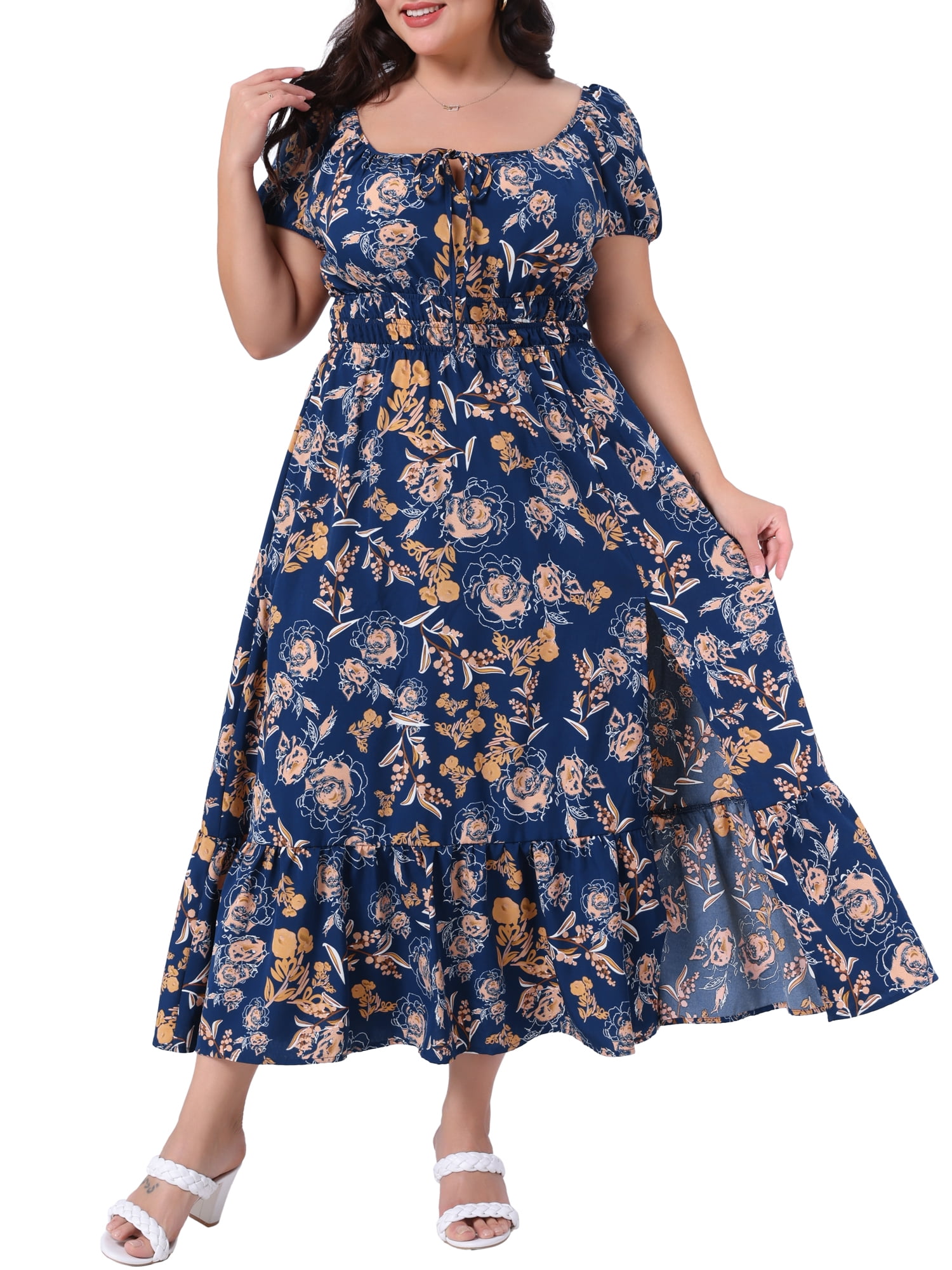 DARING DIVA Plus Size Square Neck Floral Print Short Sleeves Dress 4X Navy Blue
