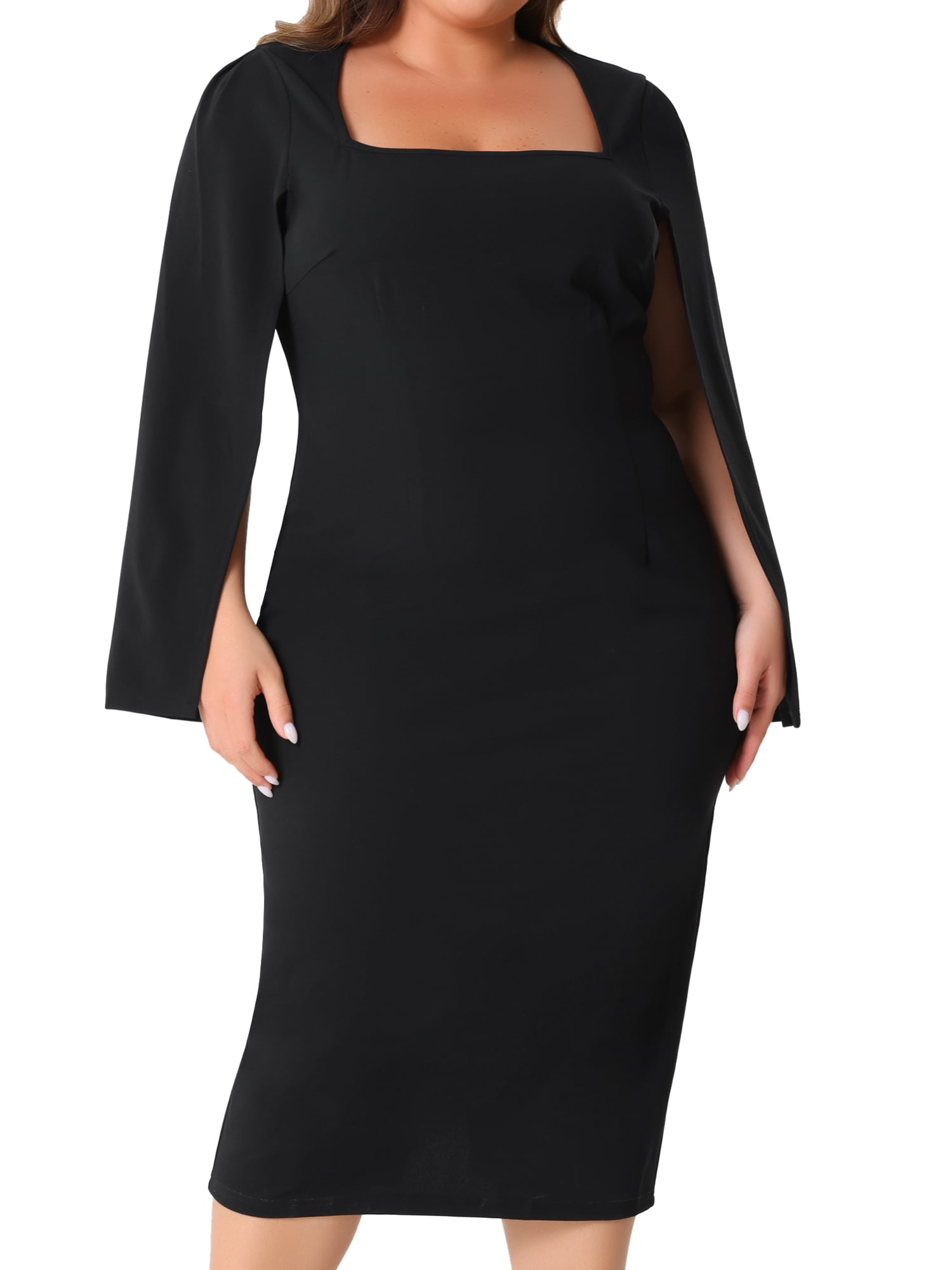 DARING DIVA Plus Size Square Neck Long Sleeve Back Slit Bodycon Dress 3X Black