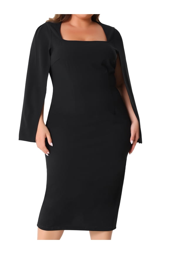 Plus Size Square Neck Long Sleeve Back Slit Bodycon Dress 4X Black