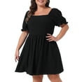 thumbnail image 1 of DARING DIVA Plus Size Square Neck Puff Sleeve A-Line Mini Short Dress 1X Black, 1 of 6