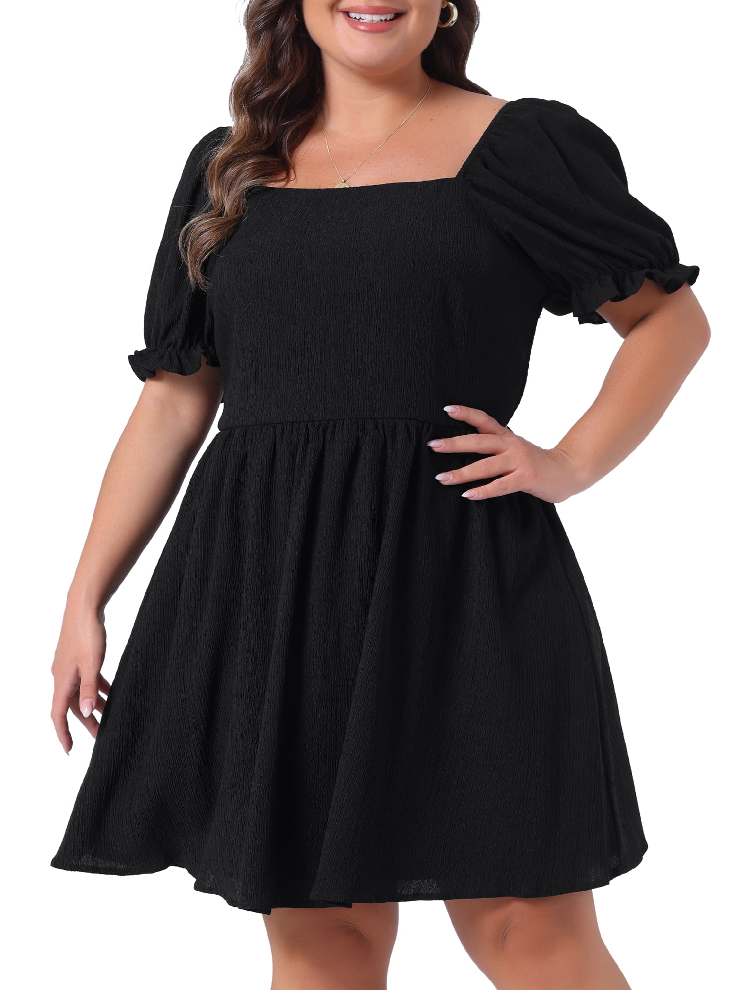 DARING DIVA Plus Size Square Neck Puff Sleeve A-Line Mini Short Dress 4X Black