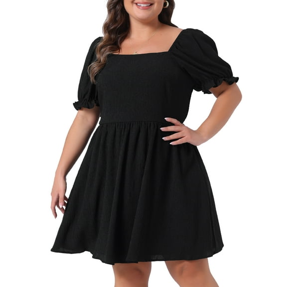 DARING DIVA Plus Size Square Neck Puff Sleeve A-Line Mini Short Dress 4X Black