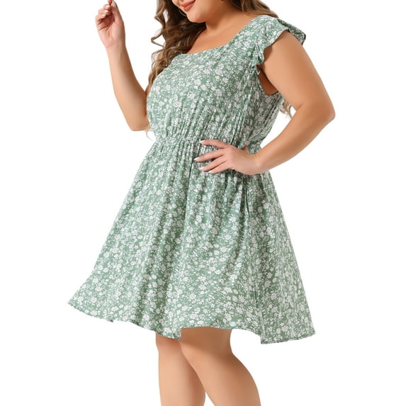 DARING DIVA Plus Size Square Neck Ruffle Short Sleeve Midi Dress 1X Green