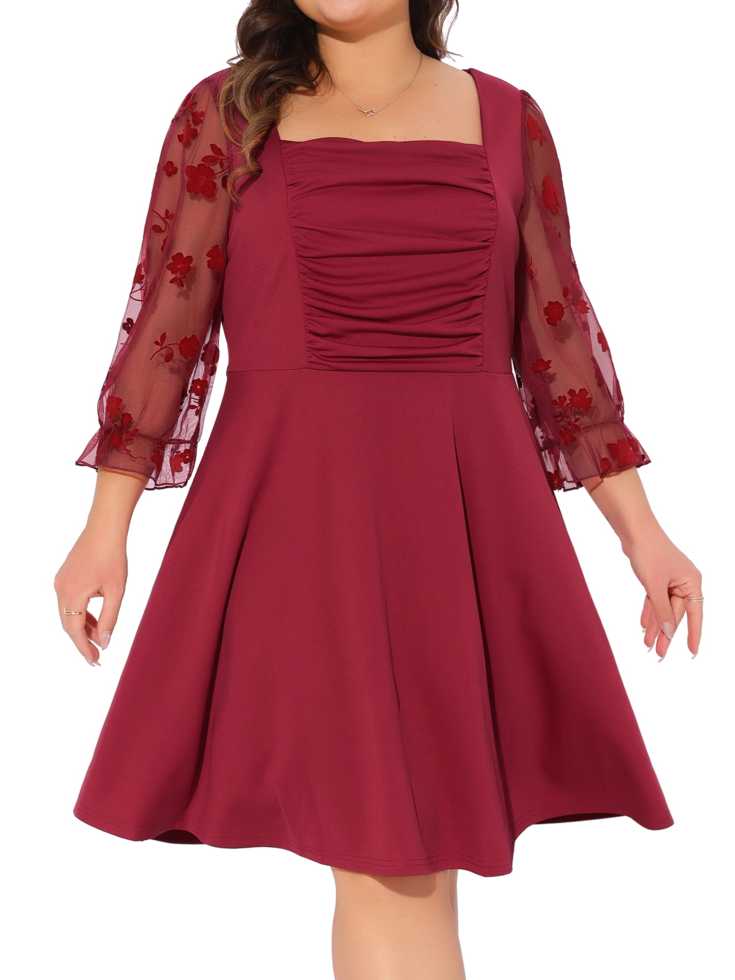 DARING DIVA Plus Women's Size Square Neck Floral Mesh Long Sleeves Dress 1X Rose Red