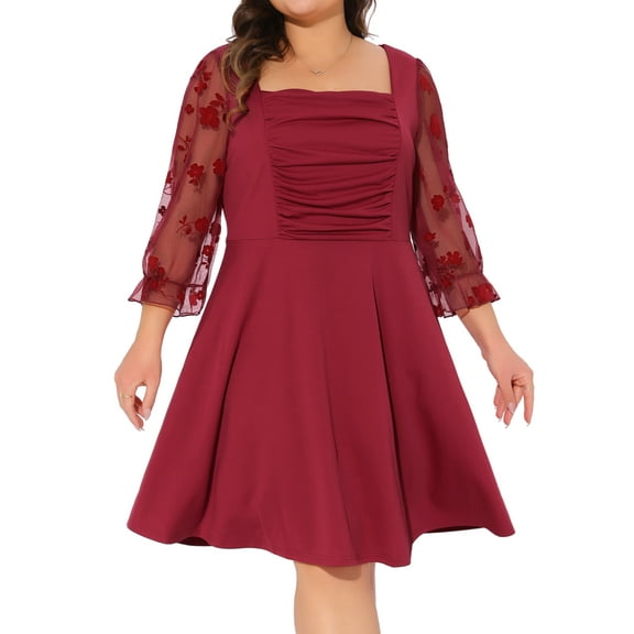 DARING DIVA Plus Size Square Neck Sheer Ruffle Flowy A-Line Midi Dress 1X Rose Red