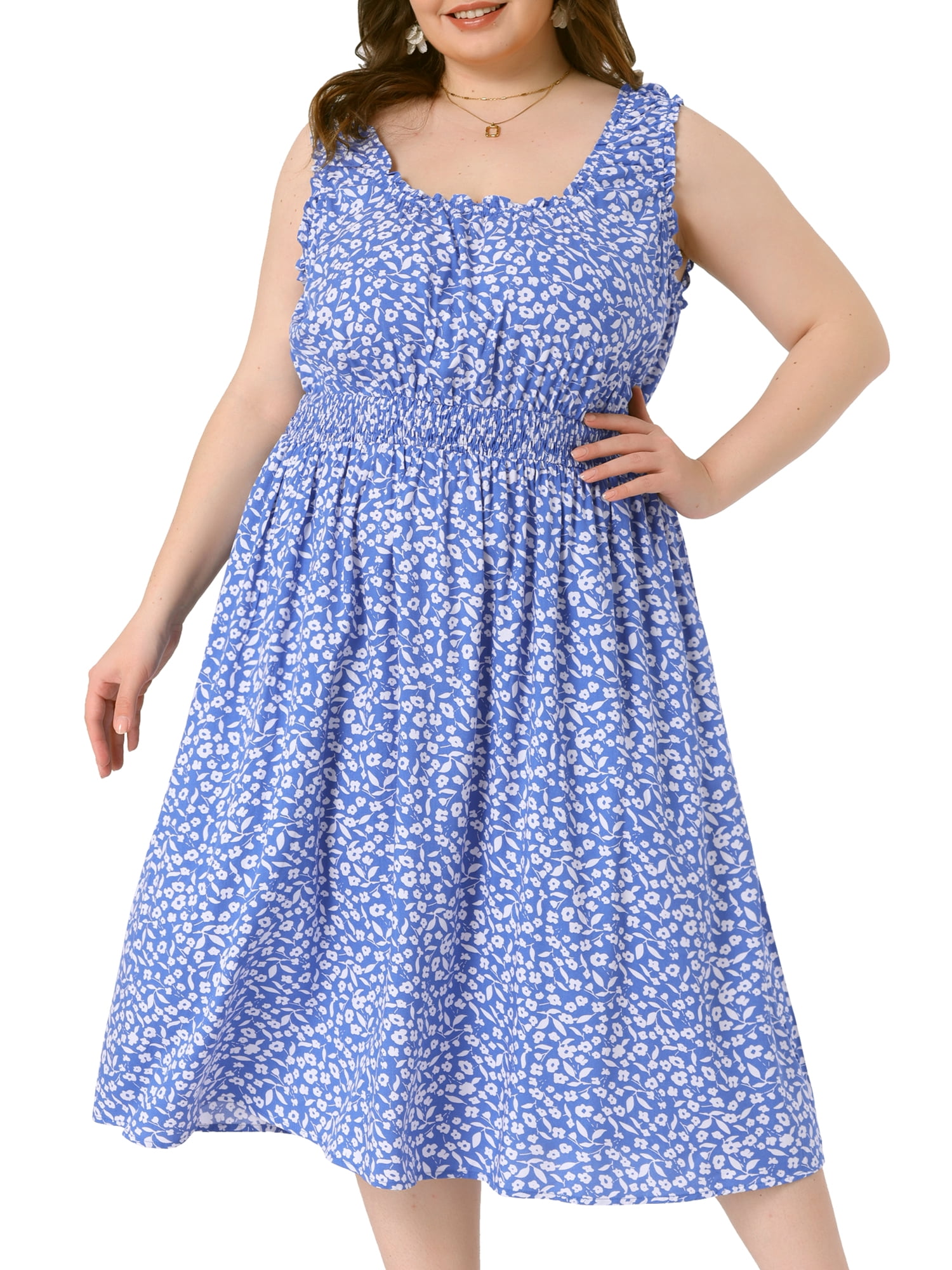 DARING DIVA Plus Size Square Neck Sleeveless Floral Flowy Midi Dress 4X Blue