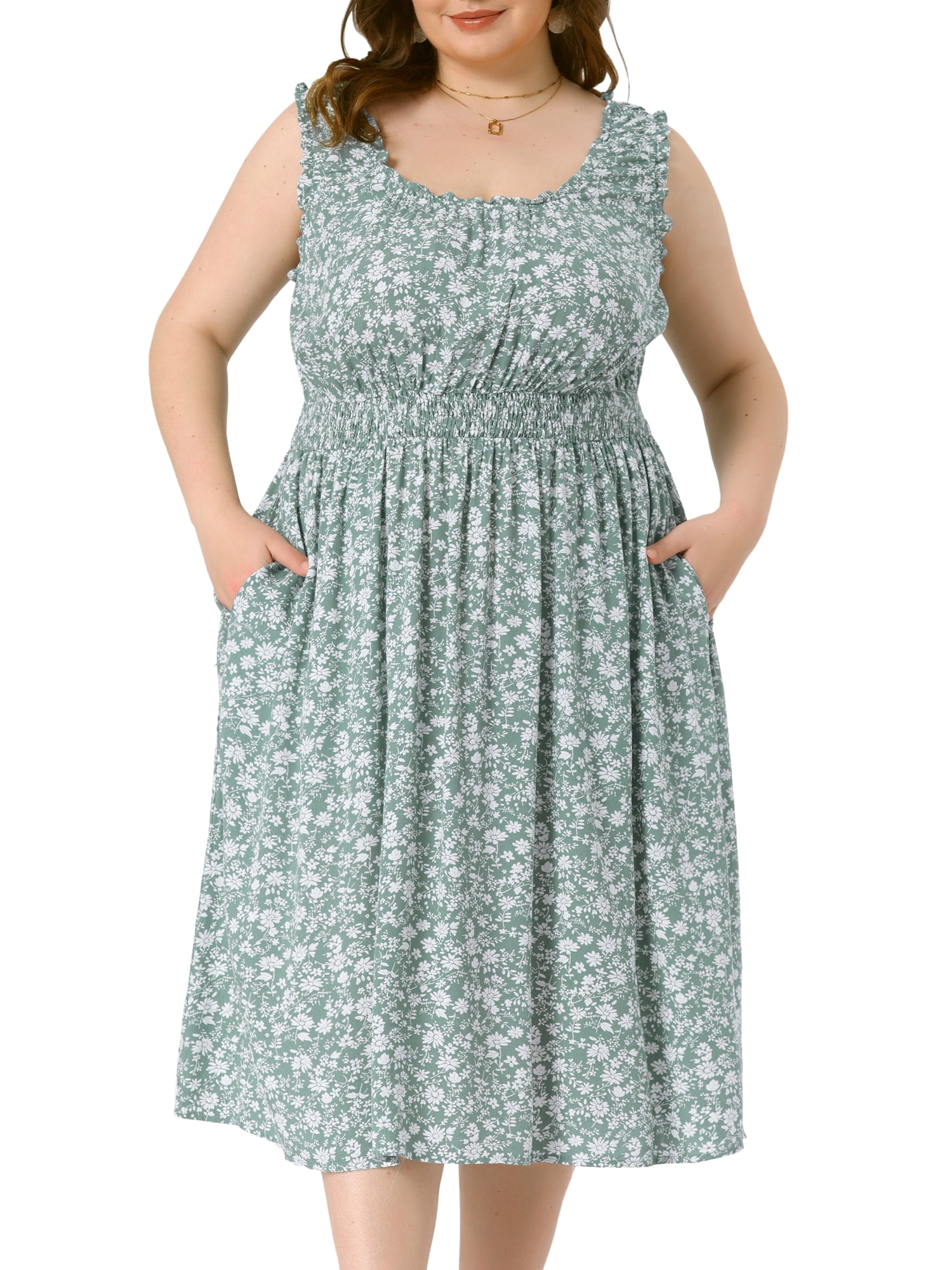 DARING DIVA Plus Size Square Neck Sleeveless Floral Flowy Midi Dress 4X Dark Green