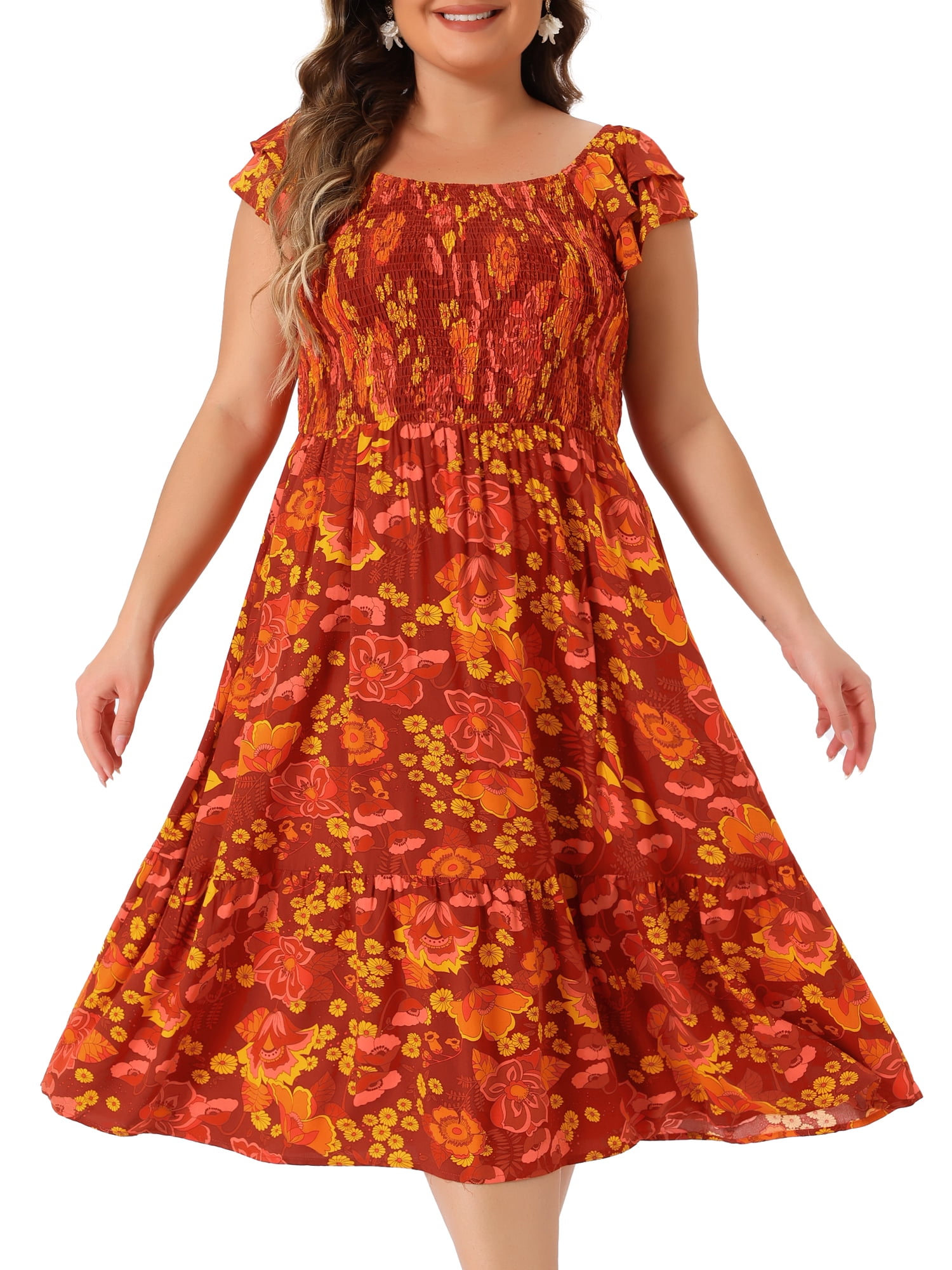 DARING DIVA Plus Size Square Neck and Flutter Sleeves Dress 4X Brick Red
