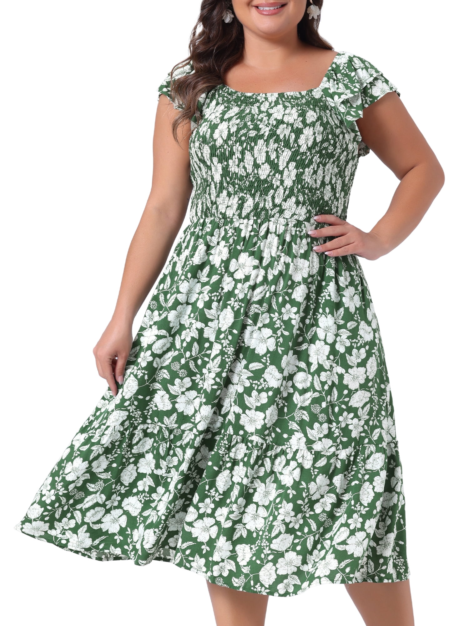 DARING DIVA Plus Size Square Neck and Flutter Sleeves Dress 4X Green