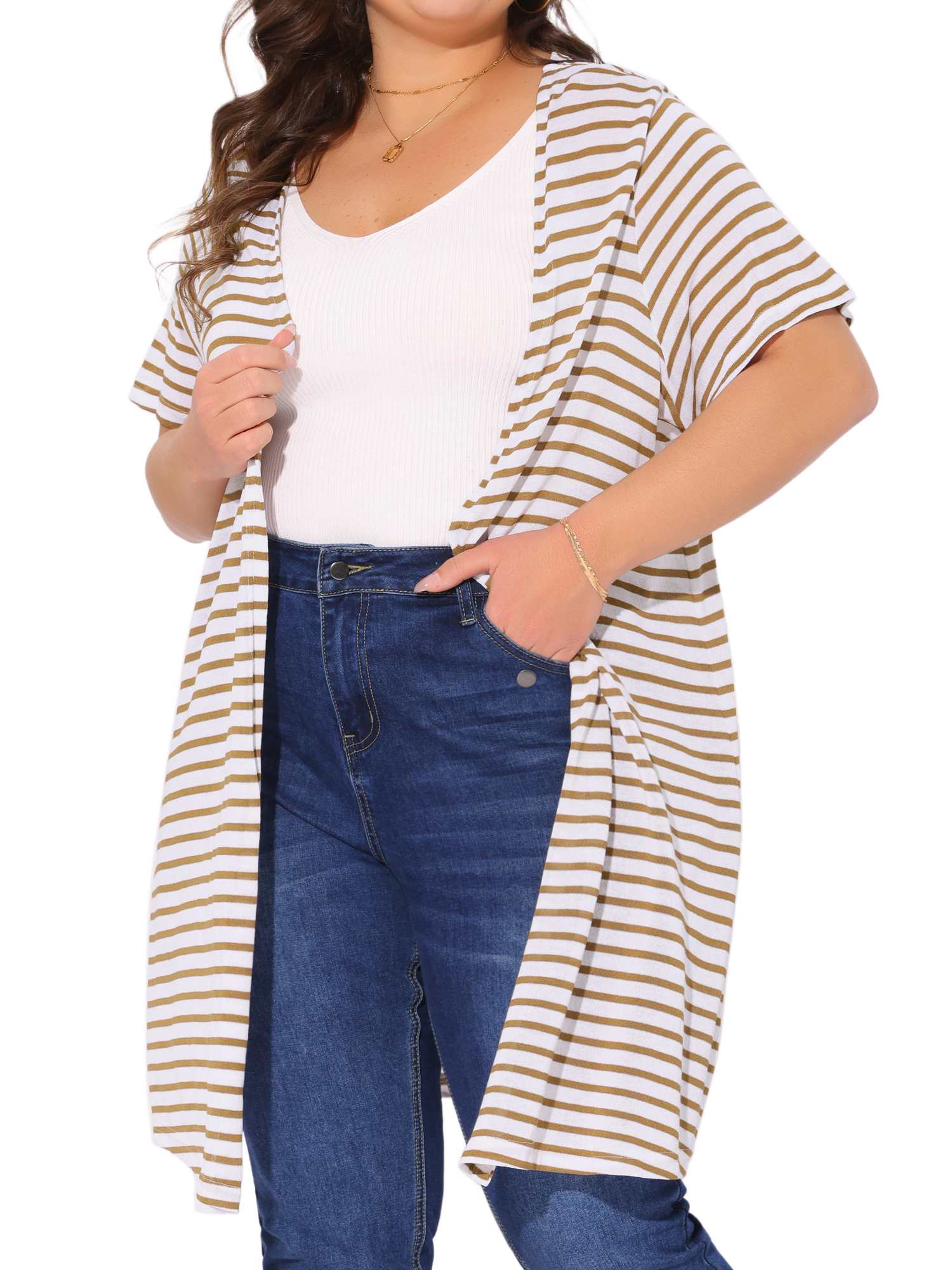 DARING DIVA Plus Size Stripe Short Sleeve Open Front Cardigan 1X Khaki