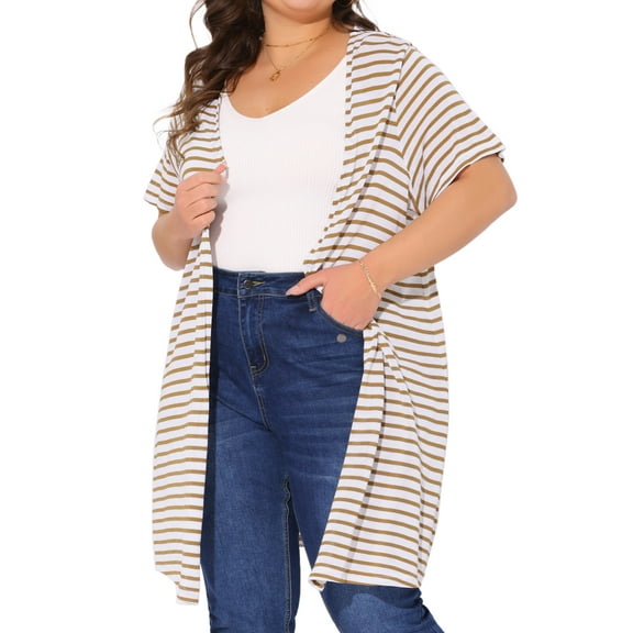 DARING DIVA Plus Size Stripe Short Sleeve Open Front Cardigan 3X Khaki