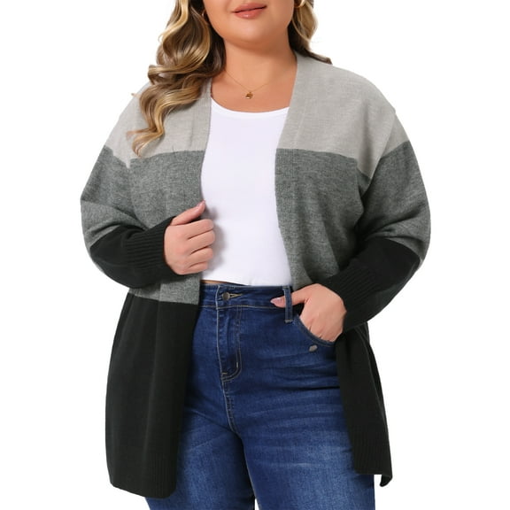 DARING DIVA Plus Size Striped Block Open Front Cardigan Sweater Coat 3X Black Grey