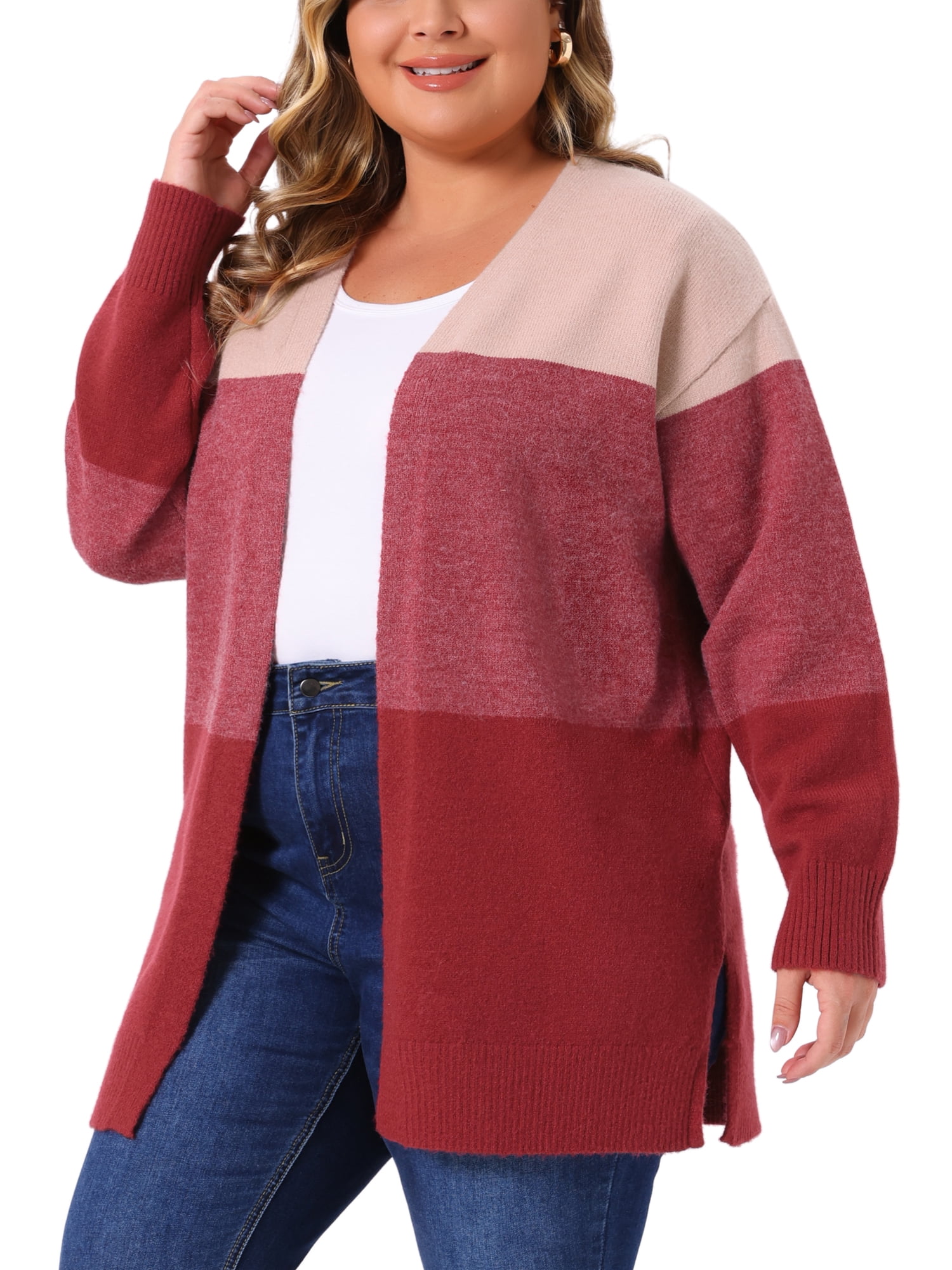 DARING DIVA Plus Size Striped Block Open Front Cardigan Sweater Coat 3X Red Pink