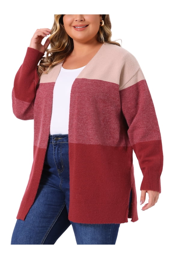Plus Size Striped Block Open Front Cardigan Sweater Coat 3X Red Pink