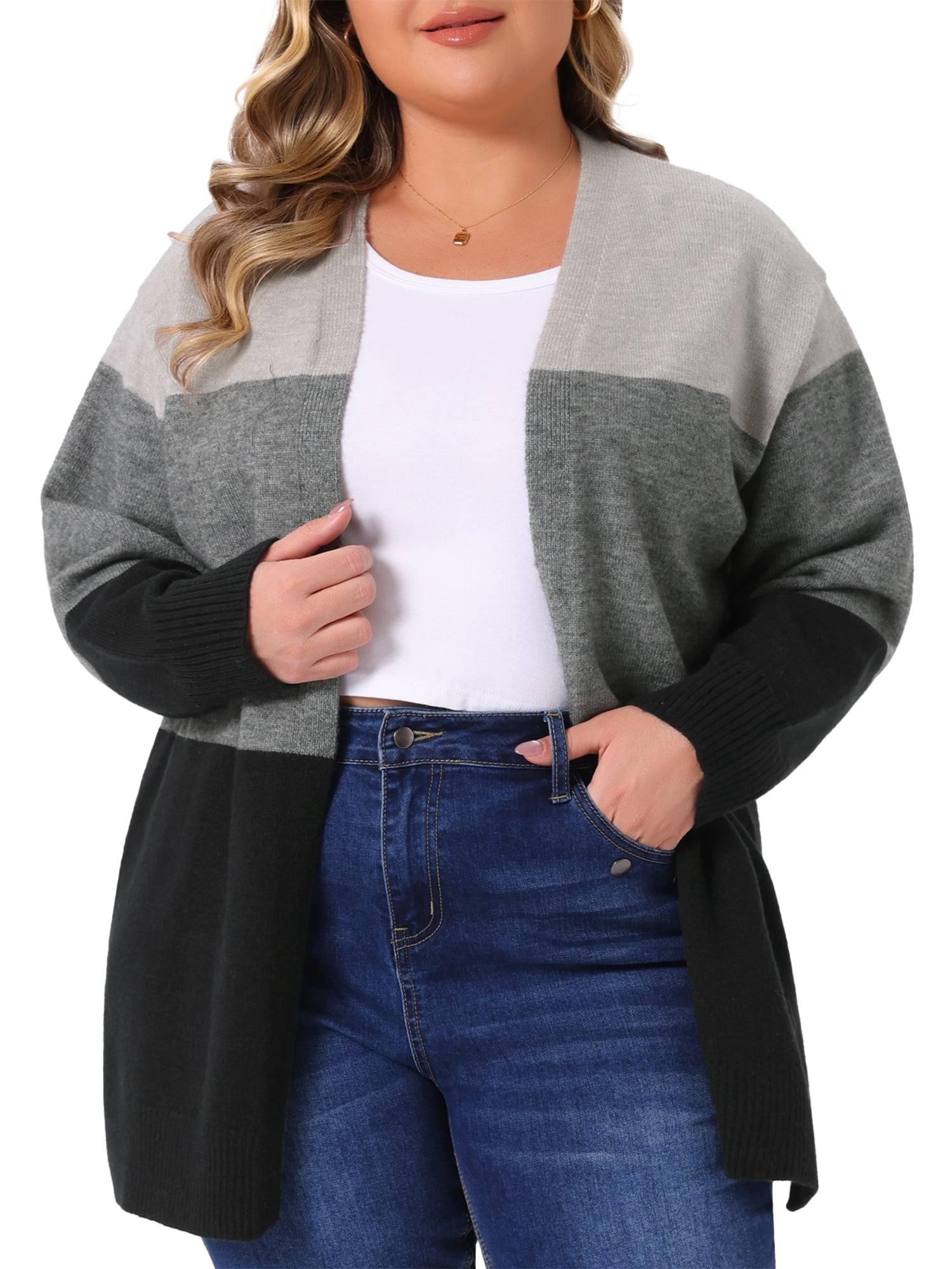 DARING DIVA Plus Size Striped Block Open Front Cardigan Sweater Coat 4X Black Grey
