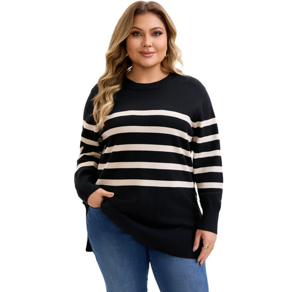 DARING DIVA Plus Size Striped Long Sleeve Crewneck Pullover Sweater 2X Black