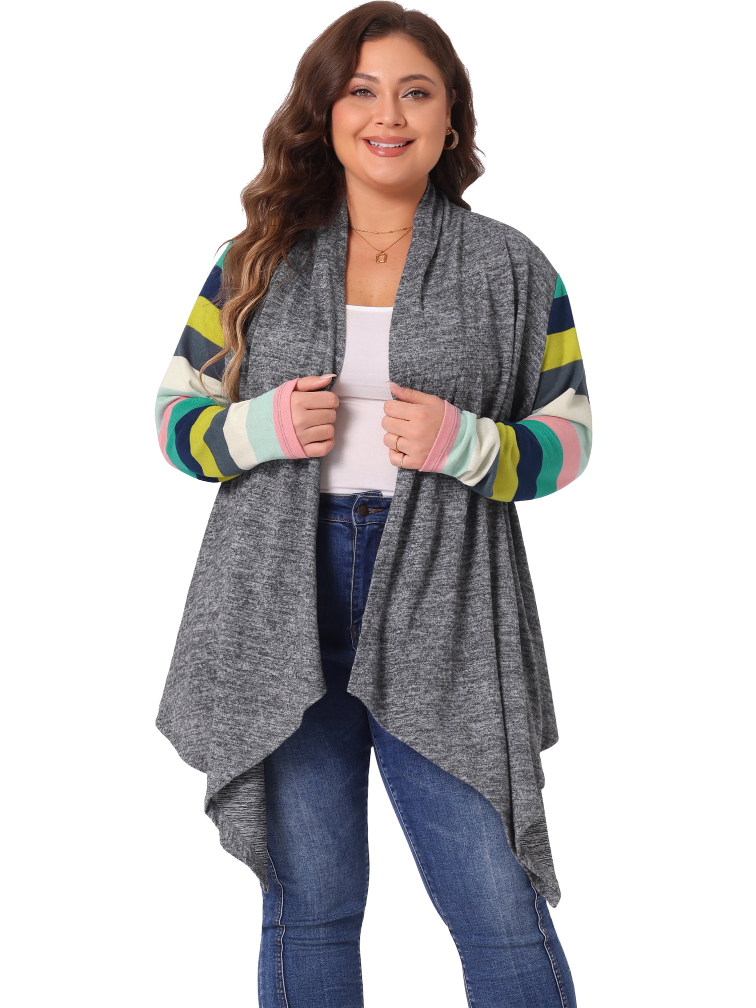 DARING DIVA Plus Size Striped Open Front Knit Cardigan Sweaters Shrugs 1X Dark Grey