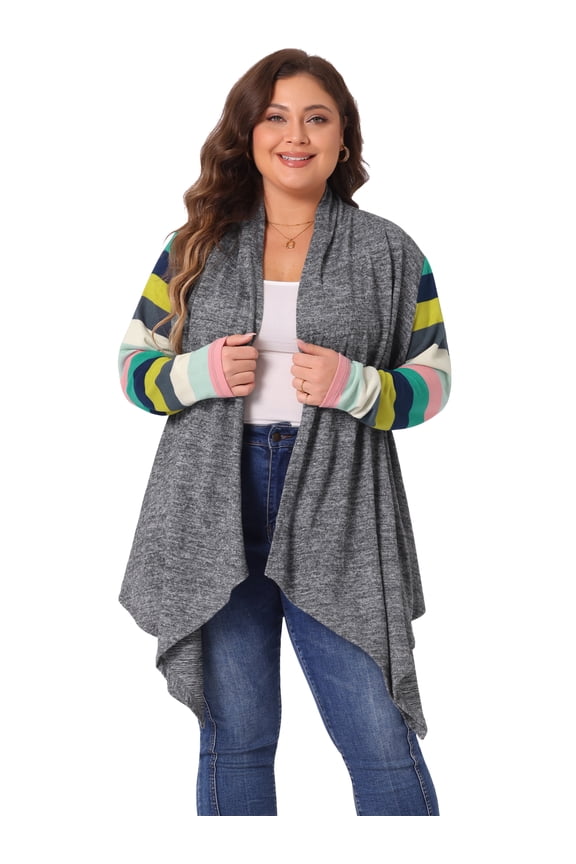 Plus Size Striped Open Front Knit Cardigan Sweaters Shrugs 1X Dark Grey