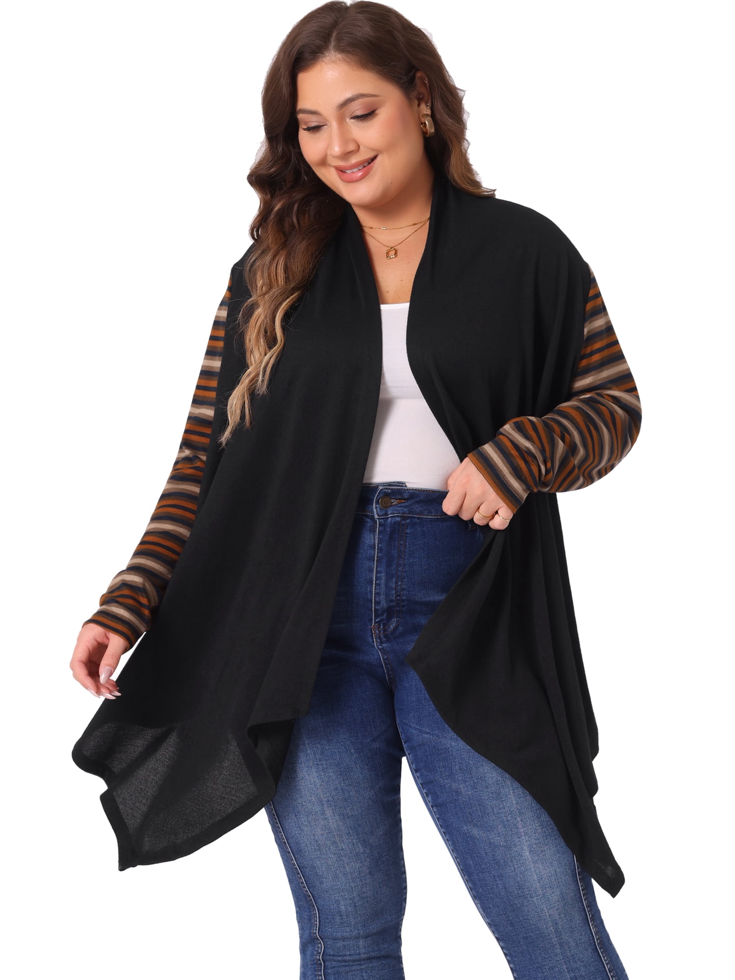DARING DIVA Plus Size Striped Open Front Knit Cardigan Sweaters Shrugs 2X Black Brown