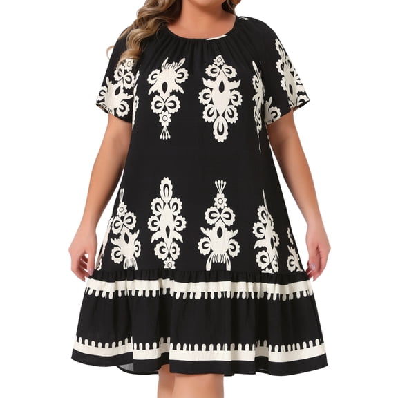 DARING DIVA Plus Size Summer Boho Short Sleeve Flared Midi Dress 1X Black