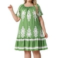 thumbnail image 1 of DARING DIVA Plus Size Summer Boho Short Sleeve Flared Midi Dress 1X Green, 1 of 6