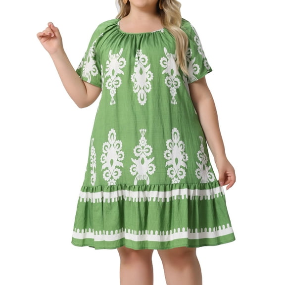 DARING DIVA Plus Size Summer Boho Short Sleeve Flared Midi Dress 1X Green