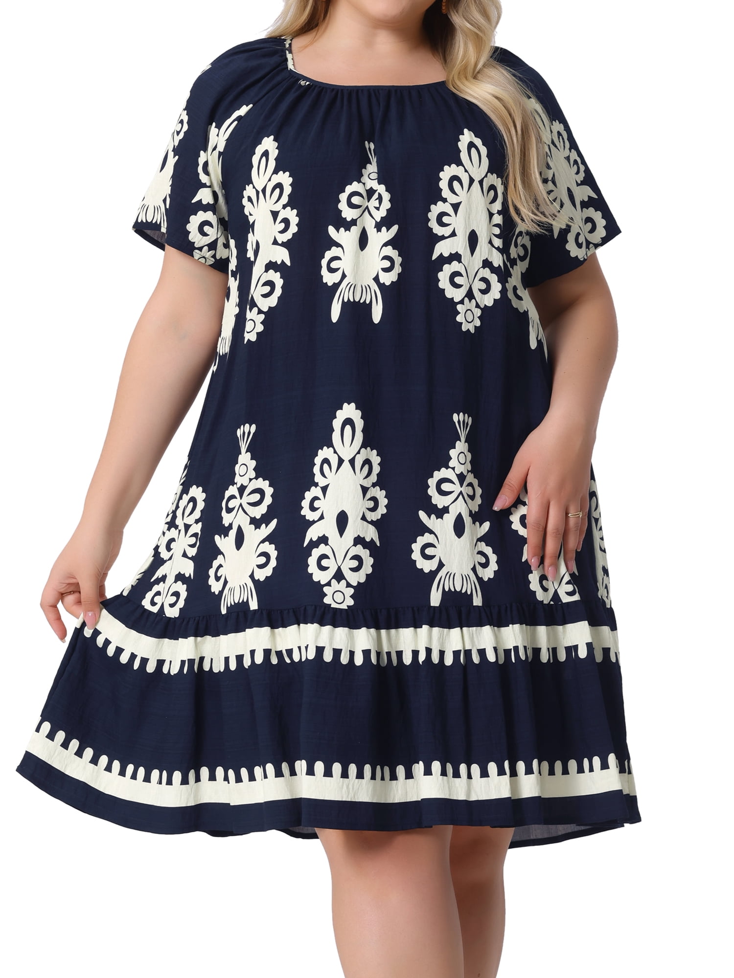 DARING DIVA Plus Size Summer Boho Short Sleeve Flared Midi Dress 2X Blue