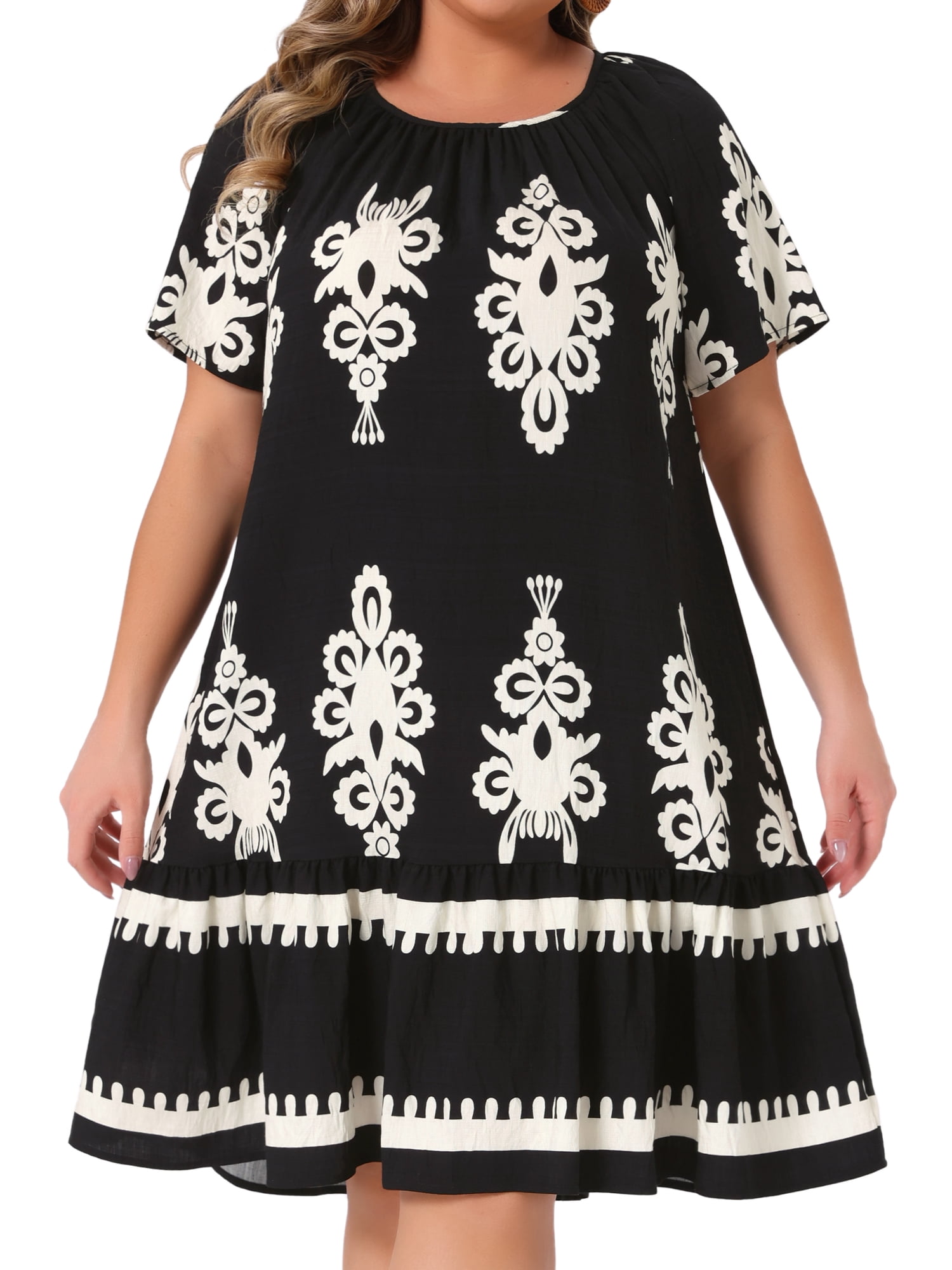 DARING DIVA Plus Size Summer Boho Short Sleeve Flared Midi Dress 4X Black