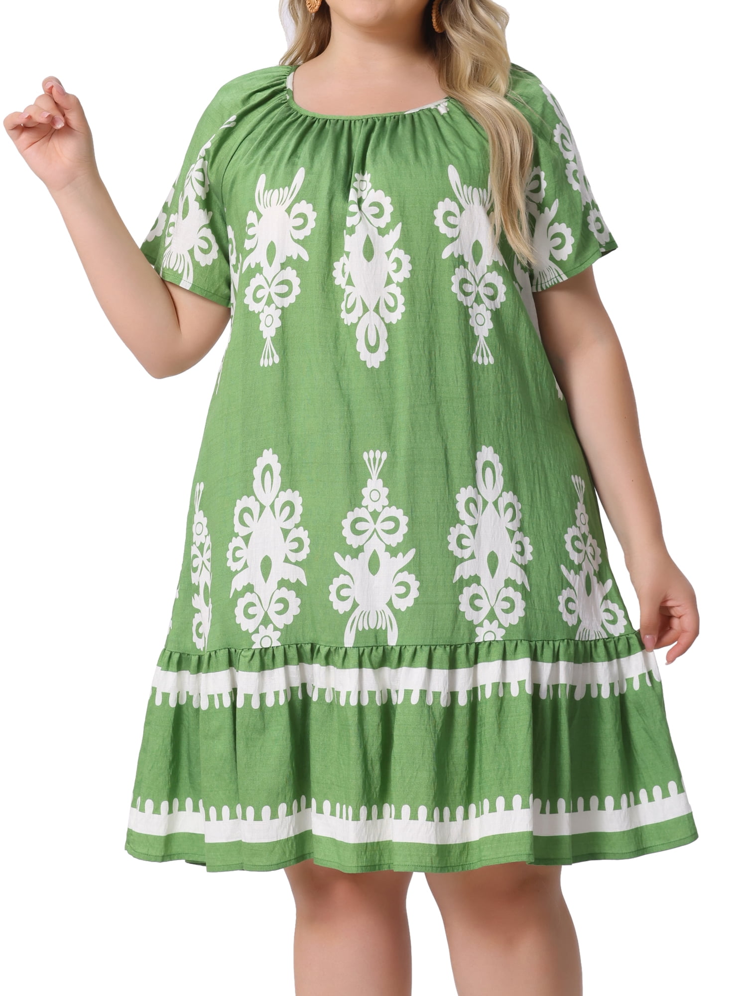 DARING DIVA Plus Size Summer Boho Short Sleeve Flared Midi Dress 4X Green