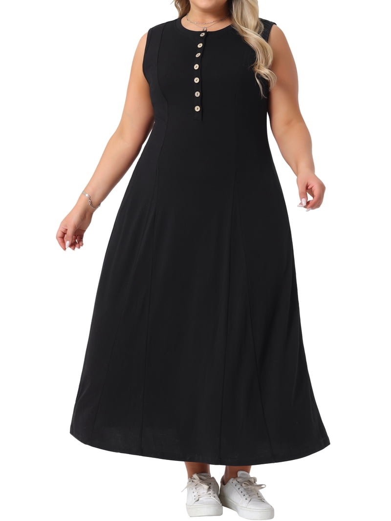1x black dress Plus Size 1X-3X Black Stretch Cotton Jersey Sleeveless Dress, Midi Tank Dress, Cocktail Dress, Layering Dress, Tznius, Sheath, Bodycon Dress