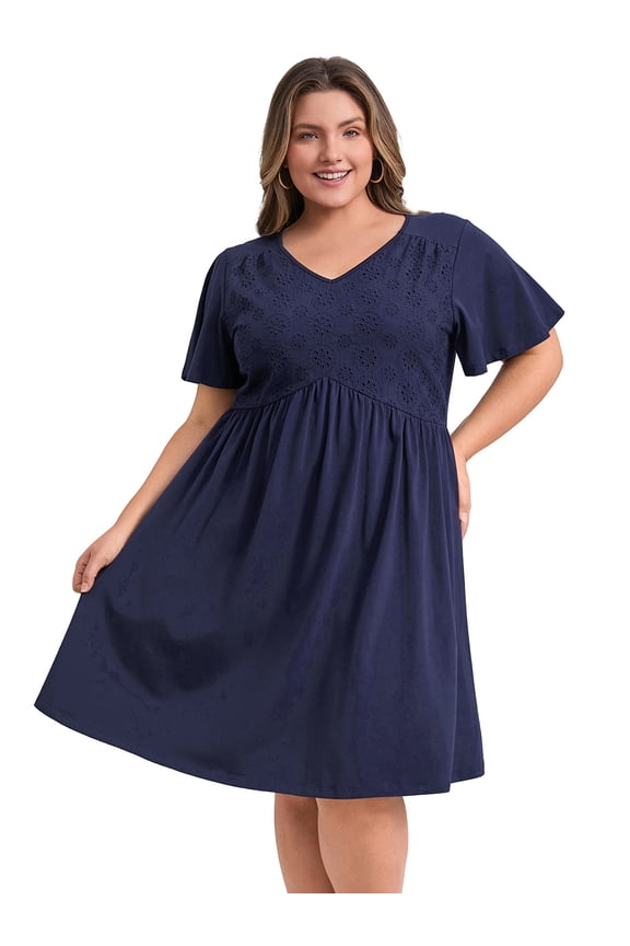 Plus Size Summer V Neck Ruffle Short Sleeves Dress 1X Navy Blue