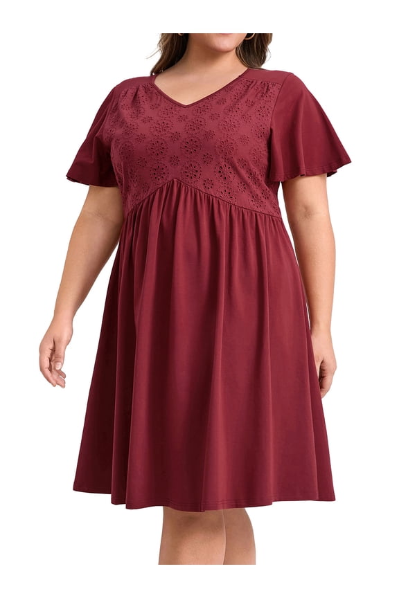 Plus Size Summer V Neck Ruffle Short Sleeves Dress 3X Burgundy
