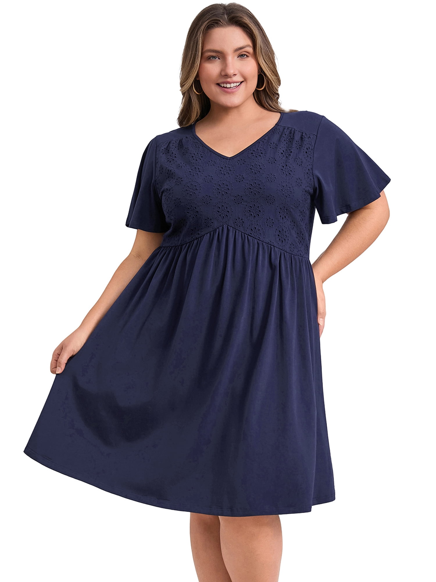 DARING DIVA Plus Size Summer V Neck Ruffle Short Sleeves Dress 3X Navy Blue