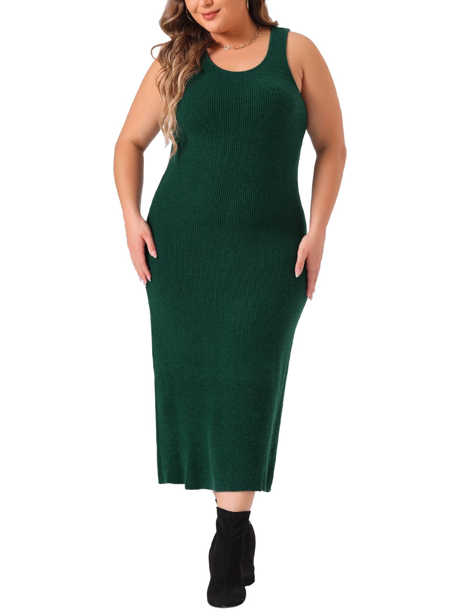 DARING DIVA Plus Size Sweater Crew Neck Sleeveless Midi Tank Dress 2X Dark Green