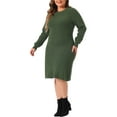 thumbnail image 1 of DARING DIVA Plus Size Sweater Fall Crew Neck Long Sleeve Dress 1X Army Green, 1 of 6