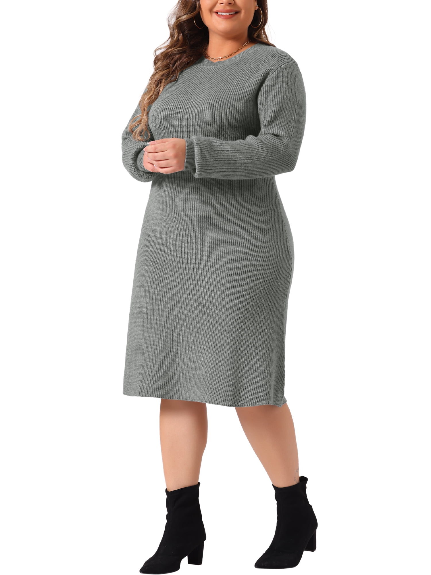 DARING DIVA Plus Size Sweater Fall Crew Neck Long Sleeve Dress 2X Gray