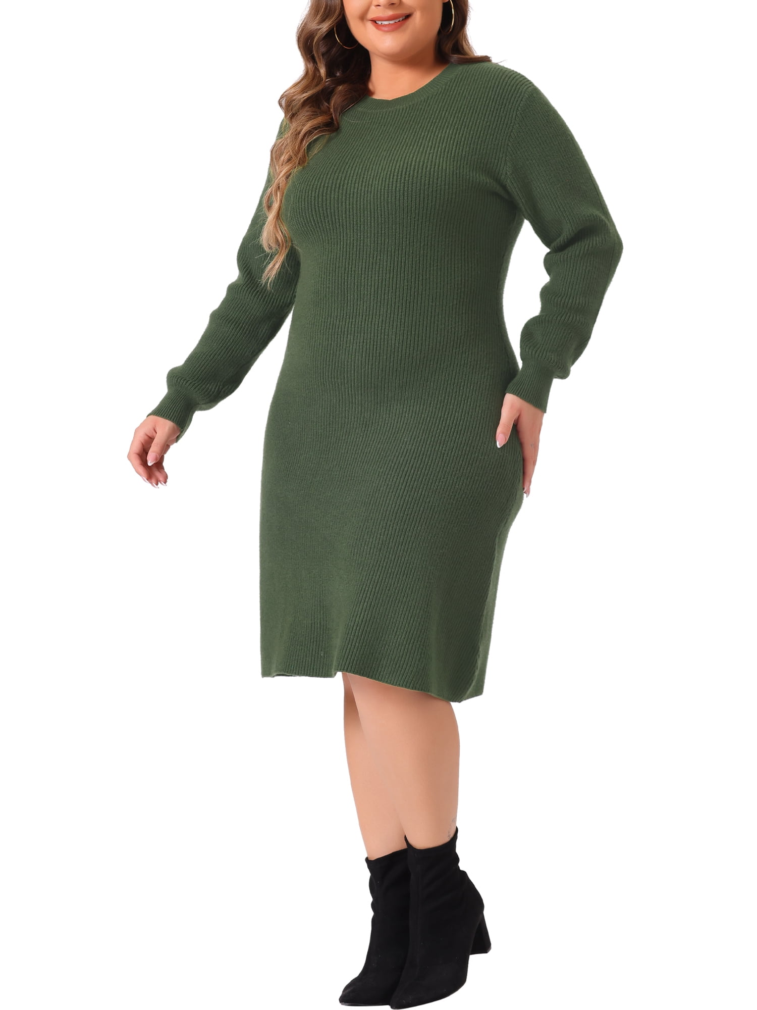 DARING DIVA Plus Size Sweater Fall Crew Neck Long Sleeve Dress 3X Army Green