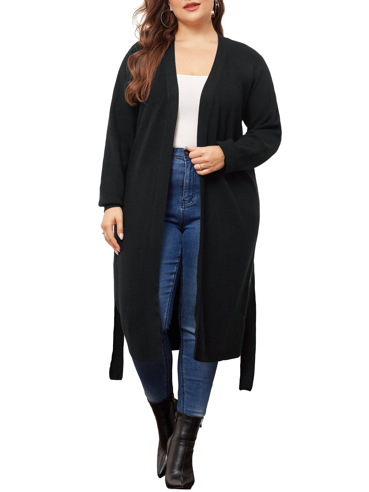 DARING DIVA Plus Size Sweater Knit Long Sleeve Belted Overwear 1X Black